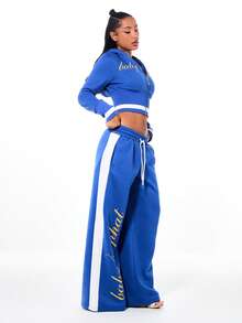 BABYPHAT Wide Leg Joggers With Side Panel Stripe Detail And Logo Script Print Drawstring Waistband Elastic Ankle Comfort Sweatpants - Blue - View 5