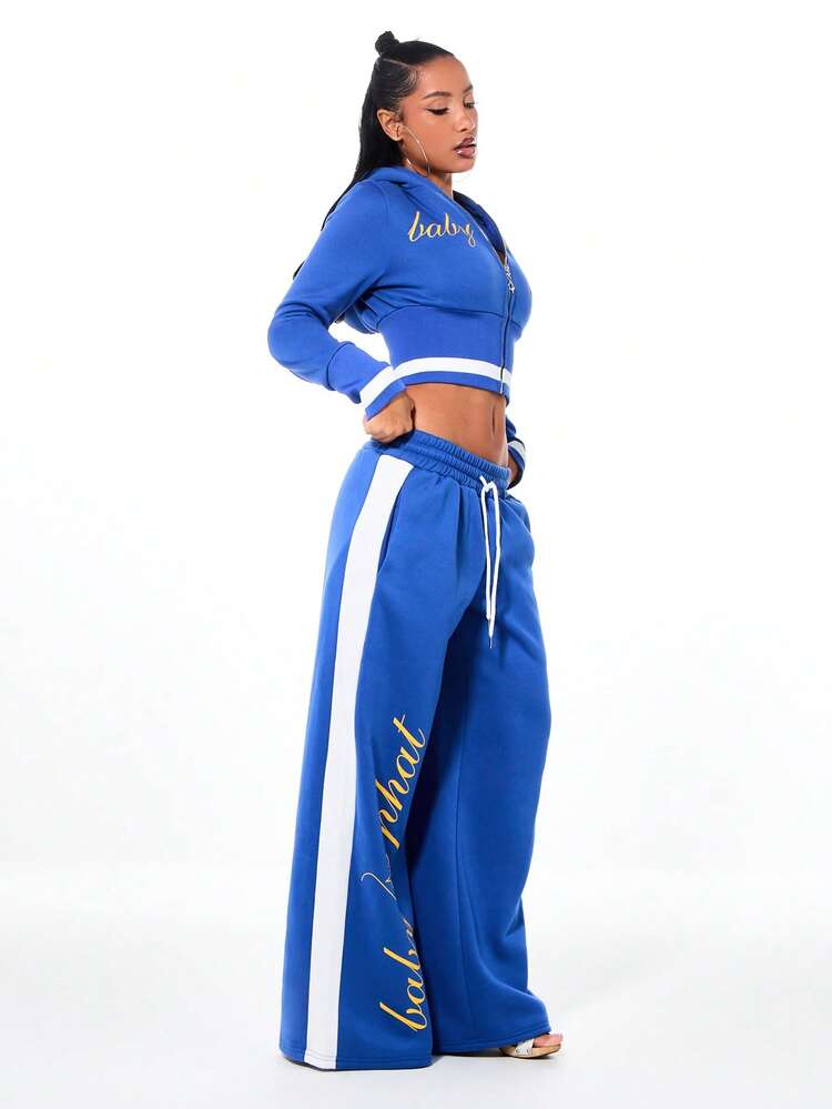 BABYPHAT Wide Leg Joggers With Side Panel Stripe Detail And Logo Script Print Drawstring Waistband Elastic Ankle Comfort Sweatpants