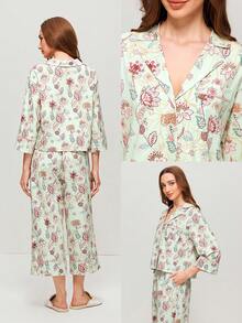 LUVLETTE Basics 女款軟棉綠色花卉印花鈕扣上衣與長褲家居服套裝，輕盈透氣睡衣，附口袋圖案設計 - 綠色 - 查看 3