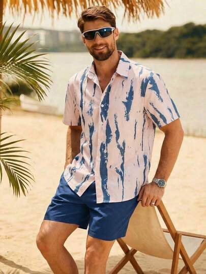 Manfinity KASUA 男士夏季休闲扎染短袖衬衫和抽绳腰短裤套装男士泳裤泳装，夏季可爱风格，夏威夷