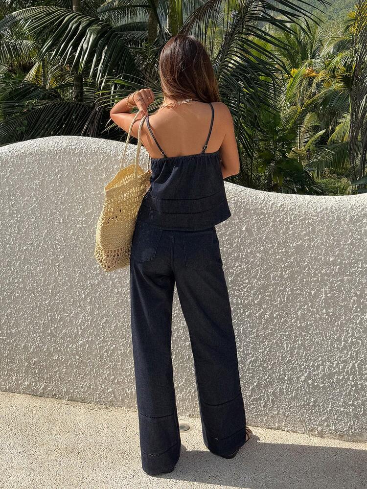 Women's Western Cowgirl Style Drawstring Tie Camisole Top And Wide Leg Pants Casual Vacation Suit, Spring/Summer