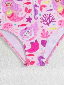 Baby Girl Mermaid Print Patchwork Ruffle Zipper Front One-Piece Swimsuit - Hot Pink - View 4