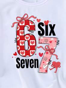 SHEIN 春夏休闲时尚创意个性清新别致简约格子、爱心、花卉、数字67、蝴蝶结、字母印花基础款短款T恤，舒适日常穿着，温暖的夏秋风格，适合春、夏、秋季少女穿着 - 白色 - 查看 3