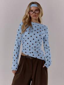 MUSERA Polka Dot Contrast Colour Crewneck Long Sleeve Top Cute Going Out Daily Office School Spring Summer Spring Outfit Easter Casual - Blue - View 1
