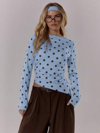 MUSERA Polka Dot Contrast Colour Crewneck Long Sleeve Top Cute Going Out Daily Office School Spring Summer Spring Casual Elegant Mothers Day