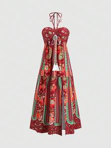 Sweetra Vestido de estilo bohemio retro con estampado, corte halter y cintura ceñida, color rojo, nuevo artículo de moda para primavera/verano - Multicolor - Ver 1