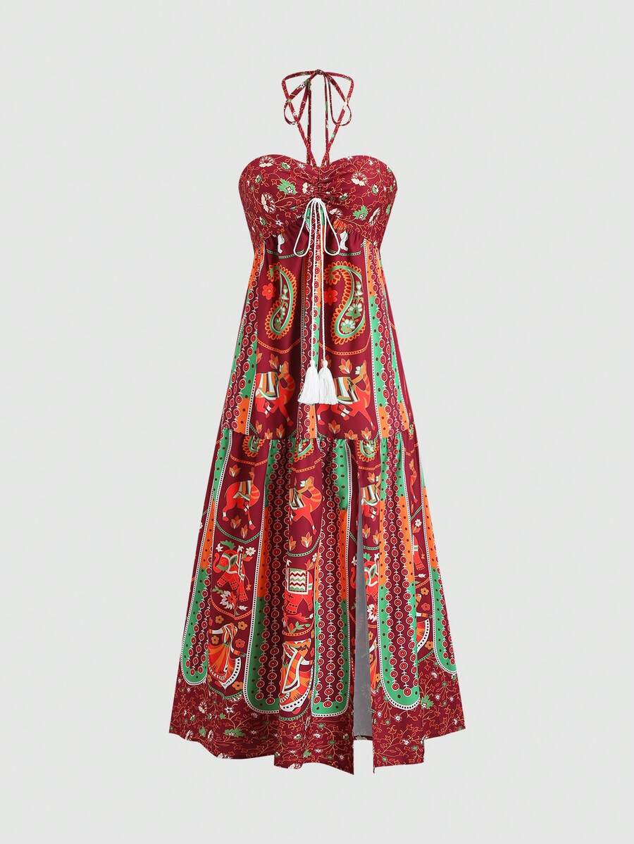 Sweetra Vestido de estilo bohemio retro con estampado, corte halter y cintura ceñida, color rojo, nuevo artículo de moda para primavera/verano - Multicolor - Ver 1