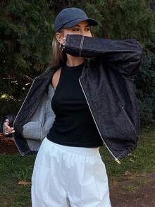 Livesso 女士宽松休闲牛仔夹克，立领设计 - 藍色 - 查看 4