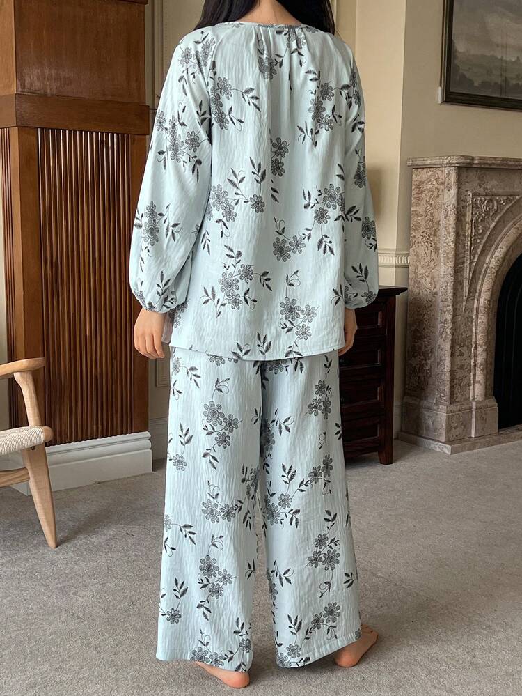 Elegant Floral Print Lantern Sleeve Loose Women Pajama Set