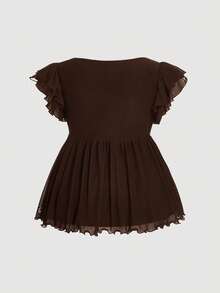 SHEIN MOD Plus Size Polka Dot Mesh Bow Tie Puff Sleeve Ruffle Trim Blouse - Coffee Brown - View 2