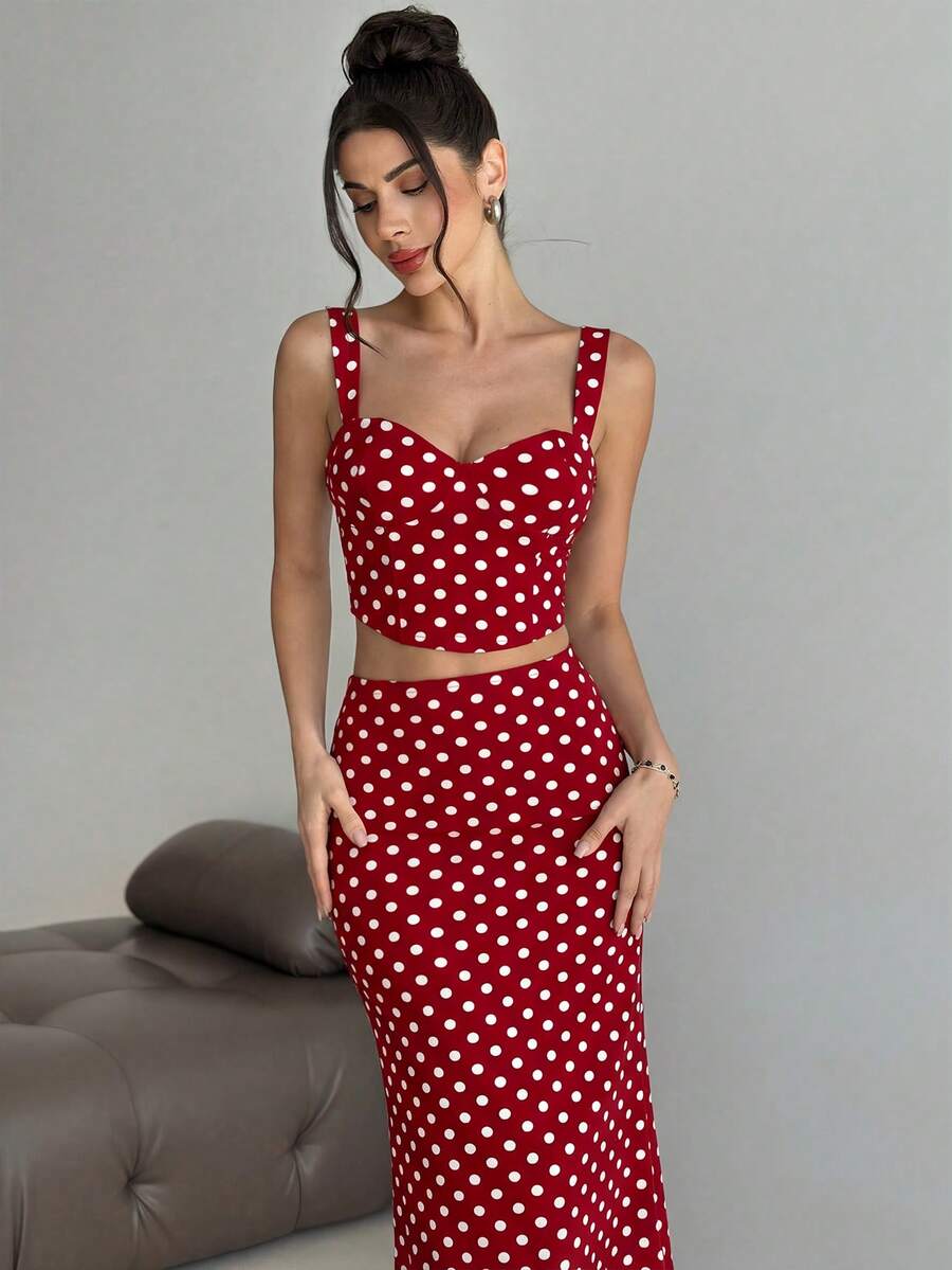 Firerie 波西米亚风女士两件套波点套装，优雅浪漫吊带露脐上衣搭配高腰长裙，休闲通勤、复古时尚、度假、婚礼宾客、返校、海滩装扮、机场造型 - 紅白色 - 查看 1