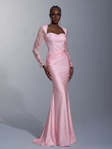 Elitara 优雅、浪漫、时尚、粉色、蕾丝拼接、弹力面料、长袖、褶皱装饰、鱼尾下摆、拖尾、网红、节日、度假、生日派对、婚礼、伴娘礼服 - 淺粉色 - 查看 7