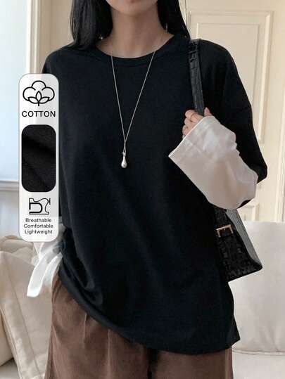 DAZY Women's Contrast Color Round Neck 2 In 1 Patchwork Casual Pullover T-Shirt