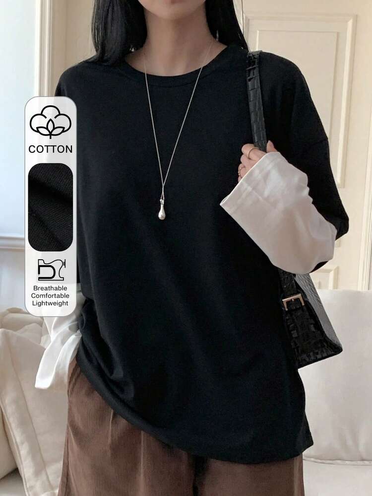 Women's Contrast Color Round Neck 2 In 1 Patchwork Casual Pullover T-Shirt Summer