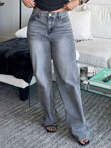 Tyla Gomez Women's Loose Fit Casual Denim Jeans With Side Pockets And Wide-Leg Design - Light Grey - View 5