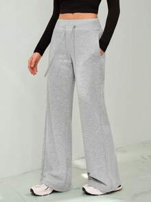 SHEIN Tall Comfortable And Casual Plain Knitted Low-Rise Wide-Leg Women's Sweatpants - Grey - View 6