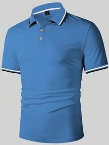 Calvornis 男士休閒商務日常通勤對比滾邊短袖 Polo 衫，夏季高爾夫 Polo 衫，正式，儀式 - 藍色 - 查看 5