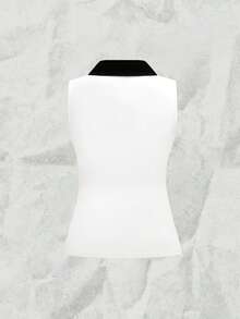 SHEIN Franclia Women's Sweet & Cool Black & White Contrast Oblique Shoulder Camisole, Fitted Short Knit Tank Top, Spring/Summer - Black and White - View 2