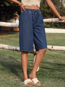 Breezaya Women's Casual Drawstring Waist Cropped Denim Jeans - Navy Blue - View 3