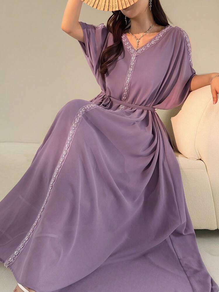 Women's Floral Beaded Decor Open Shoulder V-Neck Elegant Mid-Length Dress Sundress