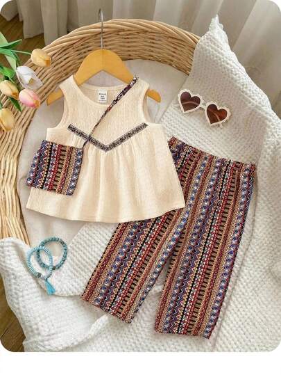 3pcs Baby Girl Casual Resort Woven Texture Patchwork Ruched Hem Tank Top, Striped Printed Wide Leg Pants And Backpack Set