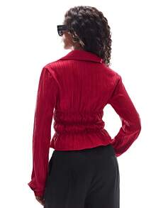 Aveloria GENKIRA 优雅性感纹理面料翻领纽扣女式衬衫 - 酒紅色 - 查看 4