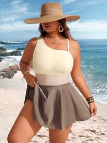 Swim Lushoire Plus Size Women 2pcs Set Contrast Color One-Shoulder Ruched Skirt Swimsuit Beach Cover Up For Summer Beach Vacation - Multicolor - View 4