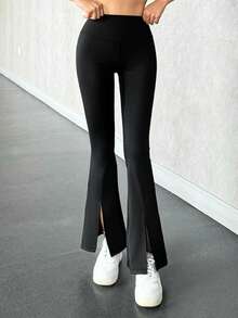 DAZY Solid Color Split Hem Minimalist Leggings, Casual Daily Wear, For Gym Fall Tights School - Black - View 2