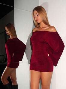 SHEIN PETITE Đầm ngắn trễ vai màu trơn gợi cảm thời trang nữ - Màu Đỏ Sâu - Xem 4