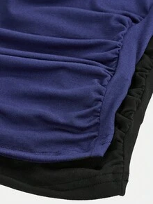 SHEIN Girlism 2件套少女黑色和藏蓝色休闲圆领褶皱腰部吊带背心，适合日常休闲和居家穿着 - 藏蓝色 - 查看 5