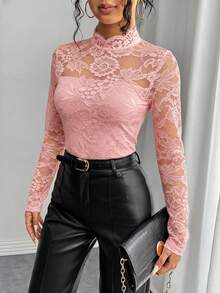 Rafferiza Women's Elegant Lace Sheer Sexy Long Sleeve Fitted T-Shirt - Pink - View 5