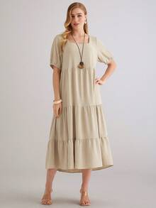 Parysyn Plus Size Elegant Women's Solid Color Square Neck Short Sleeve Tiered Hem Midi Dress Soft Breathable Casual Summer Dress Dresses For Women Summer Beige Dress For Women Long Casual Dress Khaki Dress Women Casual Long Dress Beige Dresses Women Dresses For Women Summer Summer Modest Dress - Apricot - View 6