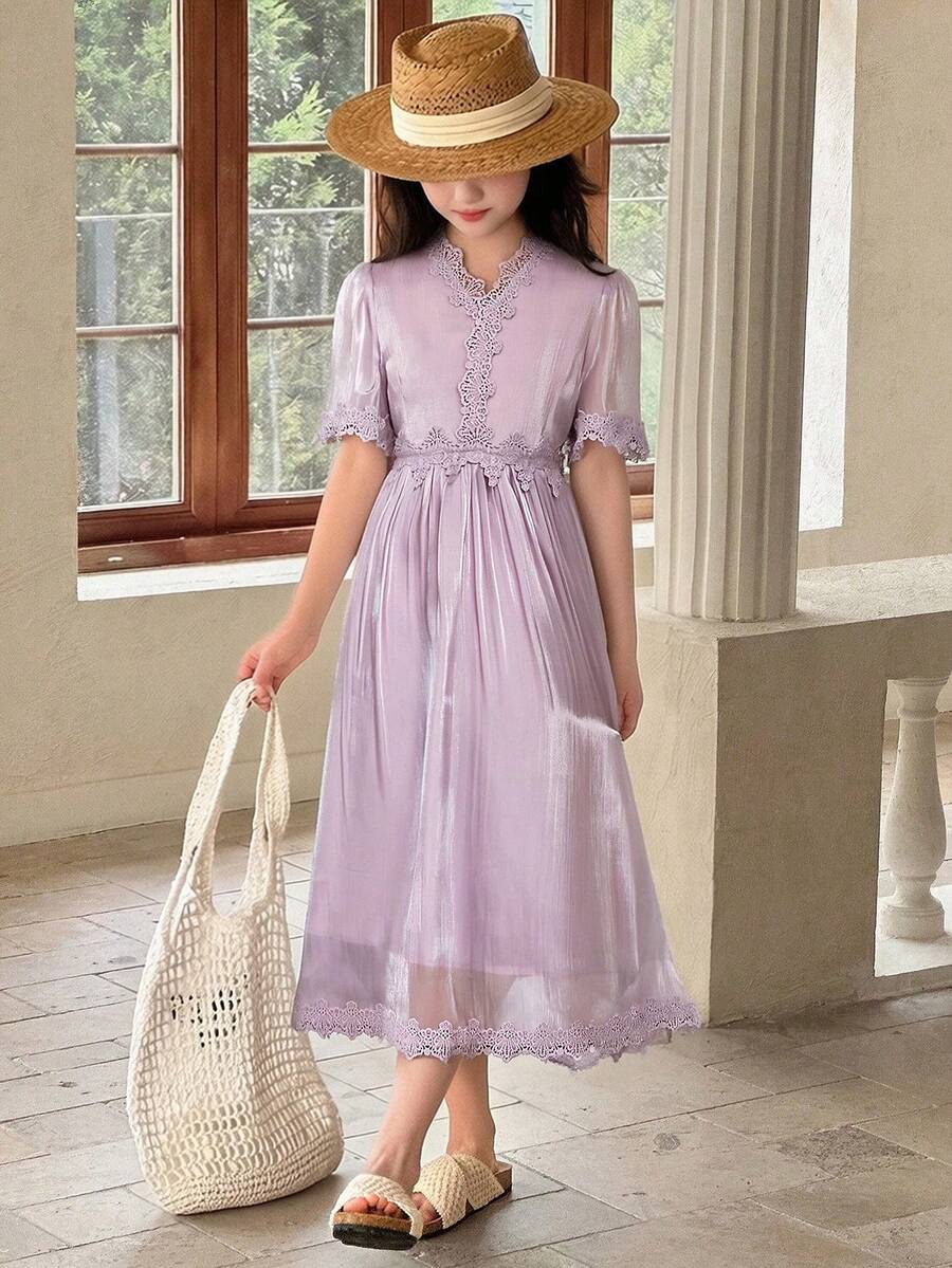 DAZY Tween Girl Contrast Lace V-Neck Short Sleeve Elegant Dress Summer - Purple - View 1