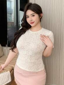 Dazy Plus Große Größen Sommer Lässig einfarbiges Cashew Blumen Jacquard Kurzarm T-Shirt - Aprikosenfarben - Übersicht 5