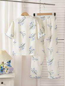Cute Tween Girls Summer Pajama Set Apricot Lapel Short Sleeve Button Front Floral Print Long Pant Sleepwear - Apricot - View 2
