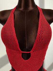 Zestiva Women's Knit Halter Neck Top With Ruffle Hem Shorts Beach Vacation 2 Pieces Set Red Strawberry - Red - View 5