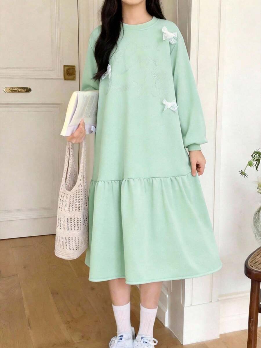 女童休闲长袖连衣裙,饰有水钻图案和蕾丝蝴蝶结,适合春秋季穿着,250克重磅卫衣外套 - 綠色 - 查看 1