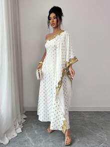 GlowEve 女士金箔花卉饰边不对称袖长款连衣裙 - 彩色 - 查看 4