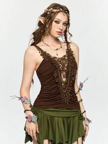ROMWE Fairycore Áo hai dây ren đính đá kiểu cổ tích khoét sâu cổ chữ V - màu nâu - Xem 4