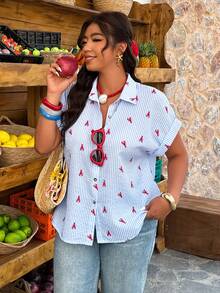 Breezaya 女士宽松条纹龙虾印花休闲上衣，适合日常和度假穿着，春夏款 - 藍白色 - 查看 4