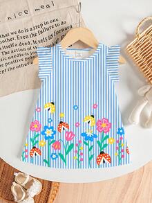 SHEIN Playful Pals Baby GirlColorful Floral & Ladybug Print Knit Ruffle Hem Striped Dress, Summer - Multicolor - View 6