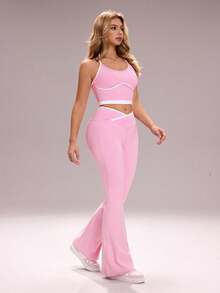 Sovereign Charm 女士高腰瑜伽运动裤，蜜桃色提拉健身跑步喇叭裤，裸感弹力面料 - 粉色 - 查看 6