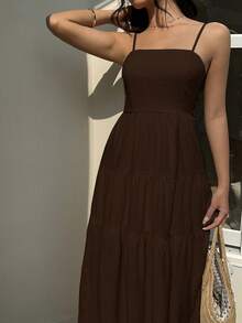 Sunnyshic Áo hai dây xếp ly chun co giãn, chất liệu vải họa tiết đào, dáng rộng, tôn dáng, kiểu dáng nghỉ dưỡng, không tay. - Cà phê nâu - Xem 3