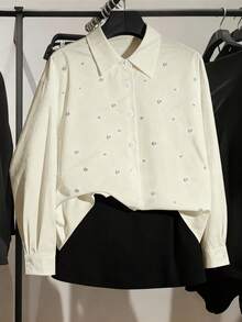 GlowEve CURVE Plus Size Women Elegant Pearl Beaded Decor Contrast Color Blouse, Suitable For Back To School, Graduation, Valentine's Day, Music Festival, Mother's Day, Halloween, Thanksgiving, Easter, National Day, Prom, Date Party, Wedding Season, Outdoor Activities Modest Shirts Pearl Shirt Shirts Y2k Collared Shirt Spring Shirts French Style Blouse Women's Shirts For Summer Women's Work Tops Women's Tops And Blouses Working Blouse - Apricot - View 4