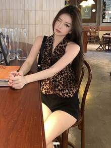 DAZY Áo hai dây cổ chữ V họa tiết da báo gợi cảm dành cho nữ, thiết kế thắt nút bất đối xứng, hở lưng, thích hợp cho mùa Thu/Đông. - Cà phê nâu - Xem 6