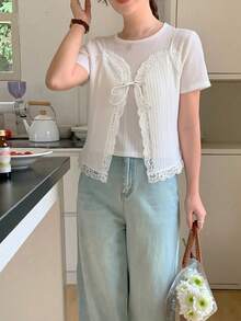 DAZY Camiseta de verano de mujer con cuello redondo, manga corta y parche de encaje 2 en 1 - Blanco - Ver 5