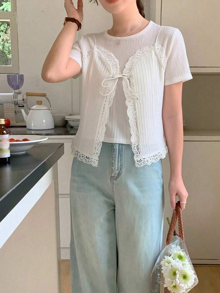 Women's 2 In 1 Lace Patchwork Round Neck Short Sleeve T-Shirt Summer