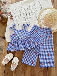 SHEIN 2pcs Baby Girl Woven Plaid Cherry Pattern Camisole And Long Pants Set - Multicolor - View 4