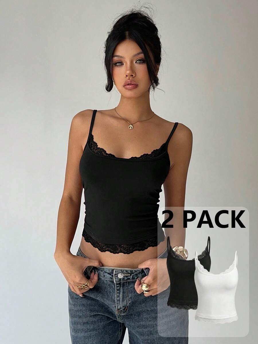 Aloruh 两件套女士休闲日常通勤简约纯色蕾丝拼接修身短款吊带背心，百搭夏季两件套，女士休闲上衣，白色上衣，春季休闲吊带背心 - 彩色 - 查看 1