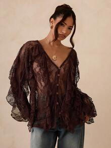 SHEIN Glamour Casual Street Coffee V-Neck Long Sleeve Blouse For Women Brown Lace Top Lace Cover Up Boho Blouses Lace Kimono Sheer Cardigan - Coffee Brown - View 7